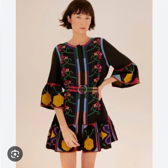 Farm Rio Jimena Cross Stitch Embroidered Mini Dress size small Black Pink  NEW Mini